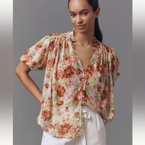 Anthropologie The Estela Short-Sleeve Sheer Printed Blouse